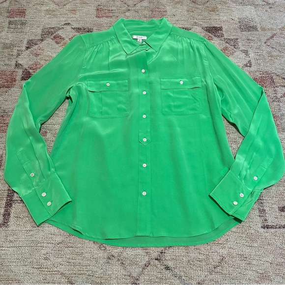 NWT J Crew 100% Silk Green Long Sleeve Button Down Blouse Size 10 - Picture 3 of 14